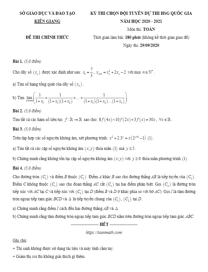 Đề chọn đội tuyển thi HSG Quốc gia môn Toán năm 2020 2021 sở GD ĐT Kiên Giang