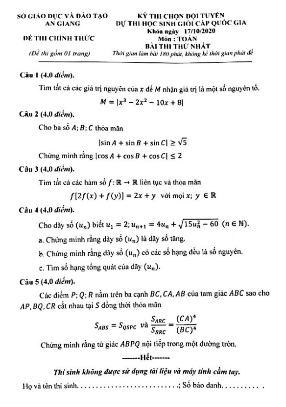 Đề chọn đội tuyển thi HSG Toán Quốc gia năm 2020 2021 sở GD ĐT An Giang
