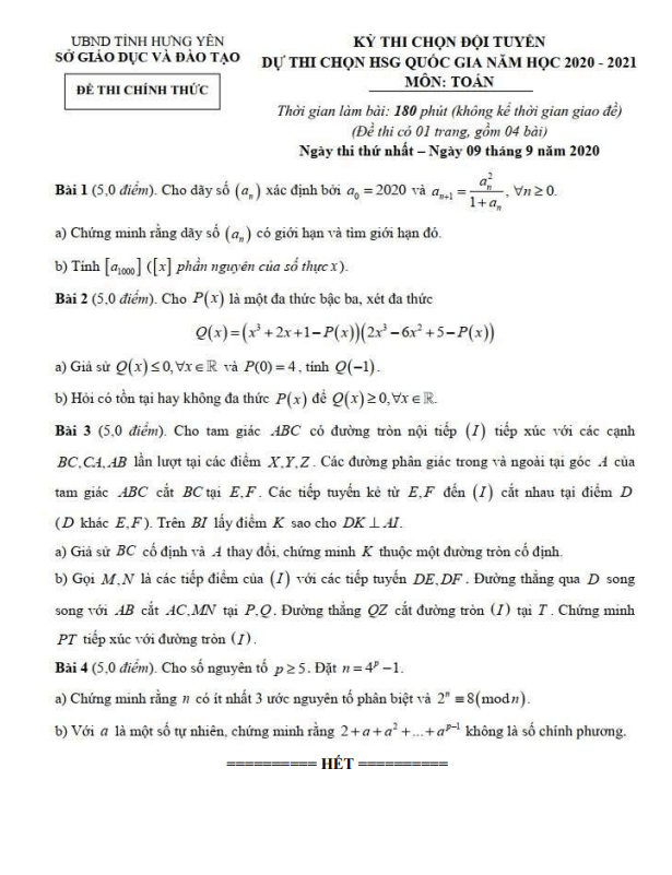 Đề chọn đội tuyển thi HSG Toán Quốc gia năm 2020 2021 sở GD ĐT Hưng Yên