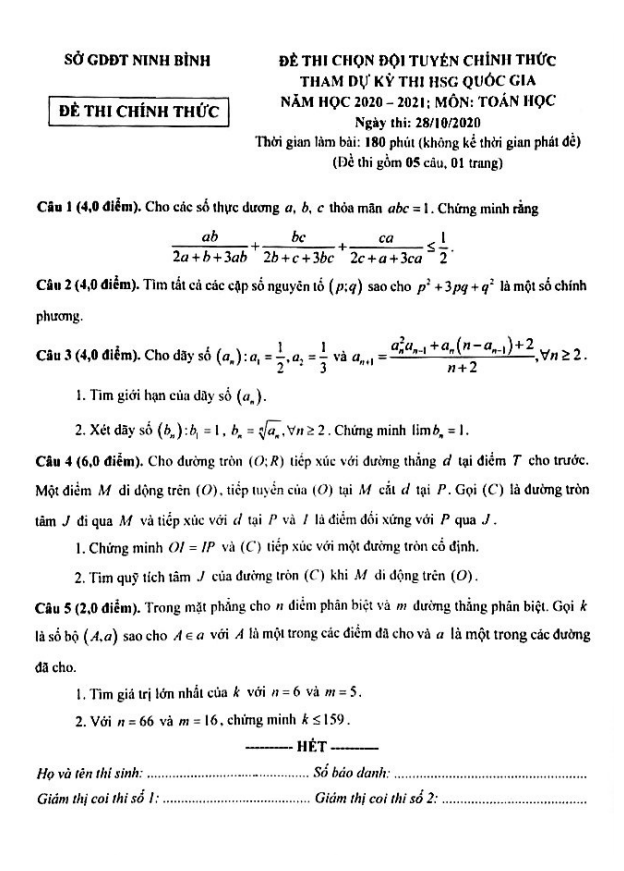 Đề chọn đội tuyển thi HSG Toán Quốc gia năm 2020 2021 sở GD ĐT Ninh Bình