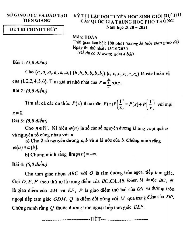 Đề chọn đội tuyển thi HSG Toán Quốc gia năm 2020 – 2021 sở GD ĐT Tiền Giang