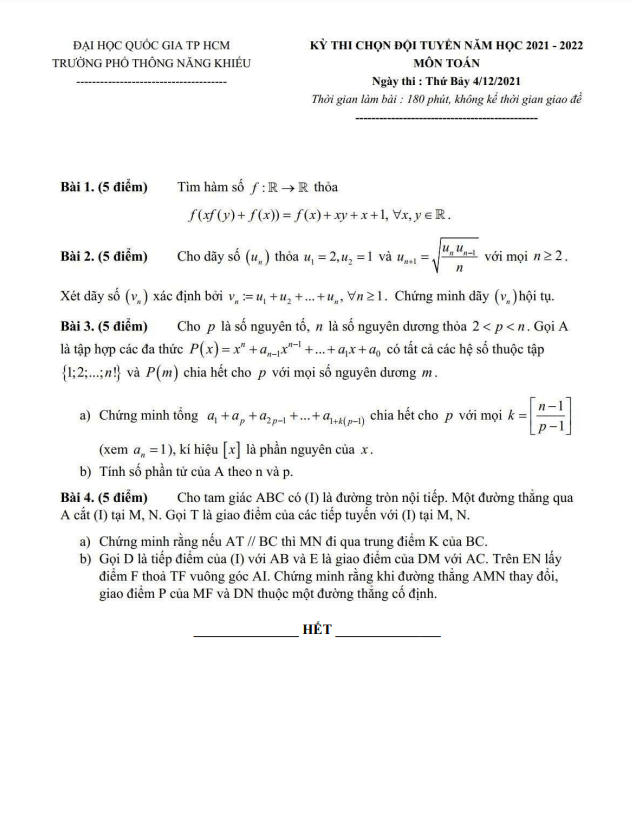 Đề chọn đội tuyển Toán năm 2021 2022 trường Phổ thông Năng khiếu TP HCM
