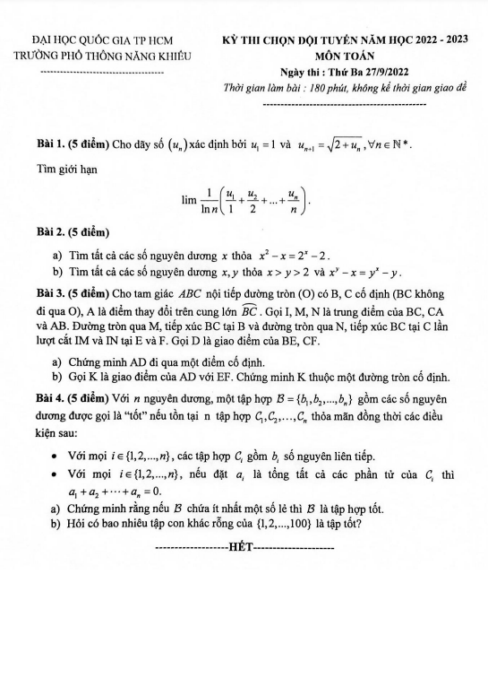 Đề chọn đội tuyển Toán năm 2022 2023 trường Phổ thông Năng khiếu TP HCM