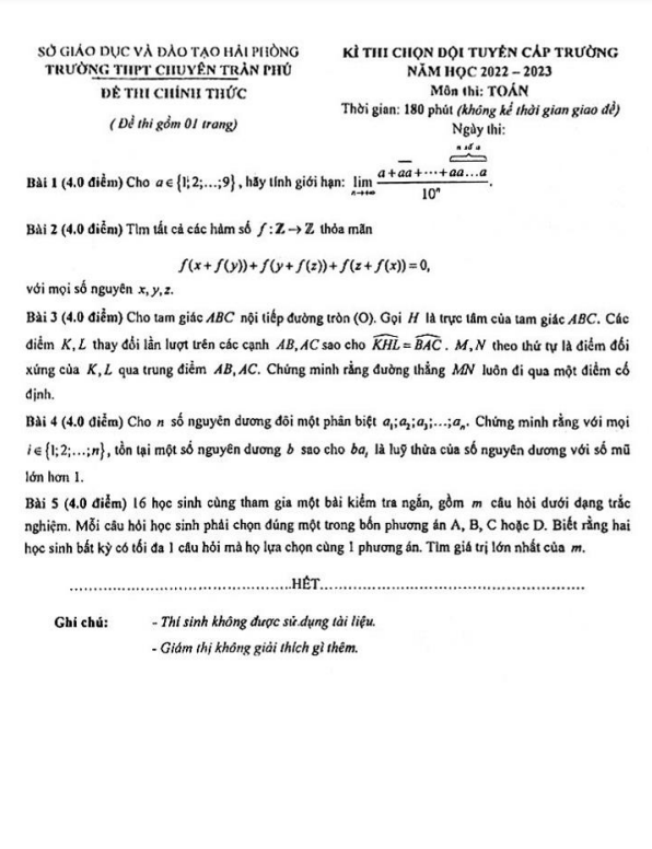 Đề chọn đội tuyển Toán năm 2022 2023 trường THPT chuyên Trần Phú Hải Phòng