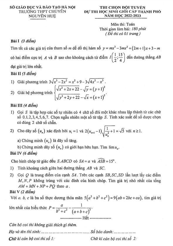 Đề chọn đội tuyển Toán thi HSG thành phố năm 2023 trường chuyên Nguyễn Huệ Hà Nội