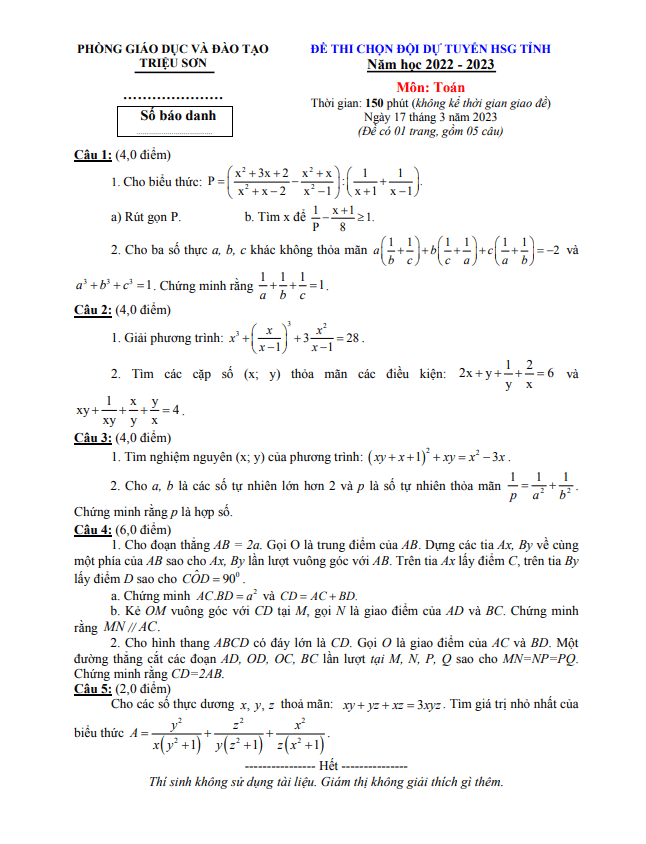 Đề chọn ĐT HSG tỉnh lớp 8 môn Toán năm 2022 2023 phòng GD ĐT Triệu Sơn Thanh Hóa