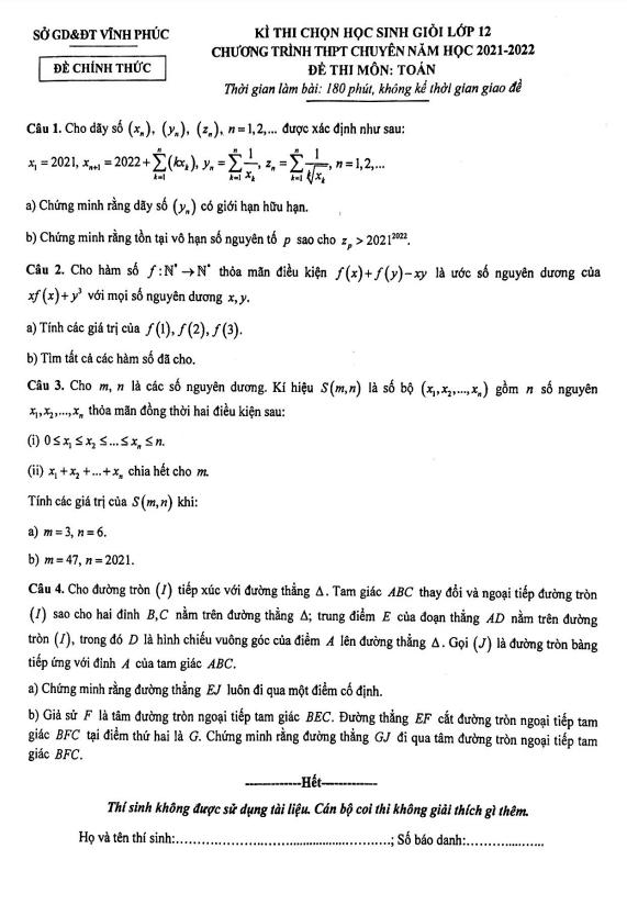 Đề chọn học sinh giỏi lớp 12 môn Toán chuyên năm 2021 2022 sở GD ĐT Vĩnh Phúc