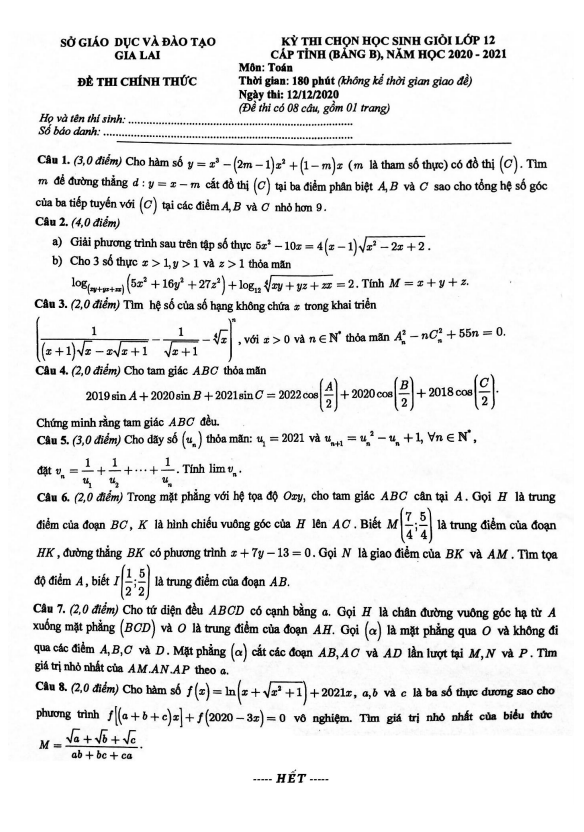 Đề chọn học sinh giỏi lớp 12 môn Toán năm 2020 2021 sở GD ĐT Gia Lai (Bảng B)