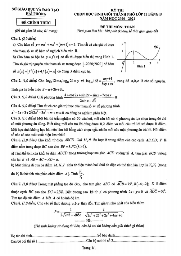 Đề chọn học sinh giỏi lớp 12 môn Toán năm 2020 2021 sở GD ĐT Hải Phòng (Bảng B)