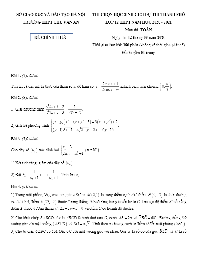 Đề chọn học sinh giỏi lớp 12 môn Toán năm 2020 2021 trường THPT Chu Văn An Hà Nội