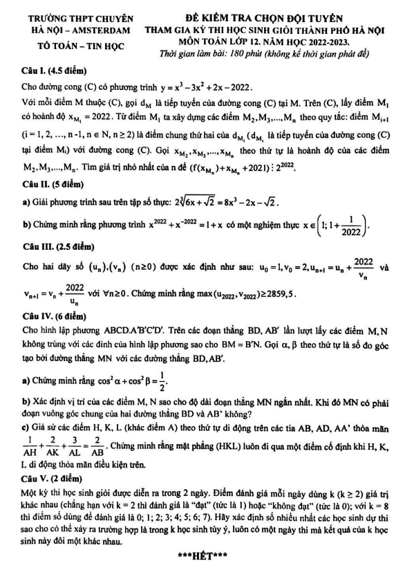 Đề chọn học sinh giỏi lớp 12 môn Toán năm 2022 2023 trường chuyên Hà Nội Amsterdam