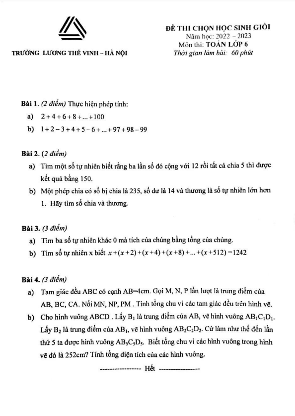 Đề chọn học sinh giỏi lớp 6 môn Toán năm 2022 2023 trường Lương Thế Vinh Hà Nội