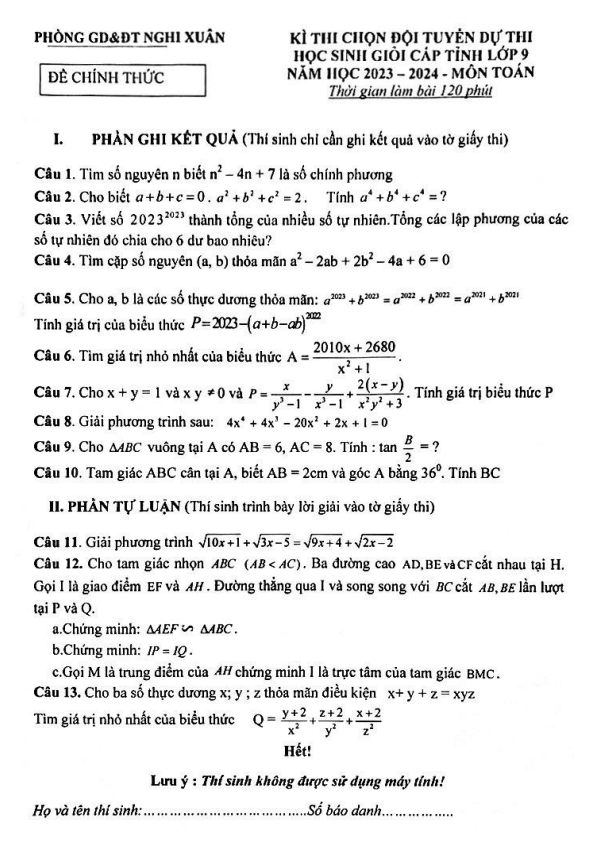 Đề chọn học sinh giỏi lớp 9 môn Toán năm 2023 2024 phòng GD ĐT Nghi Xuân Hà Tĩnh