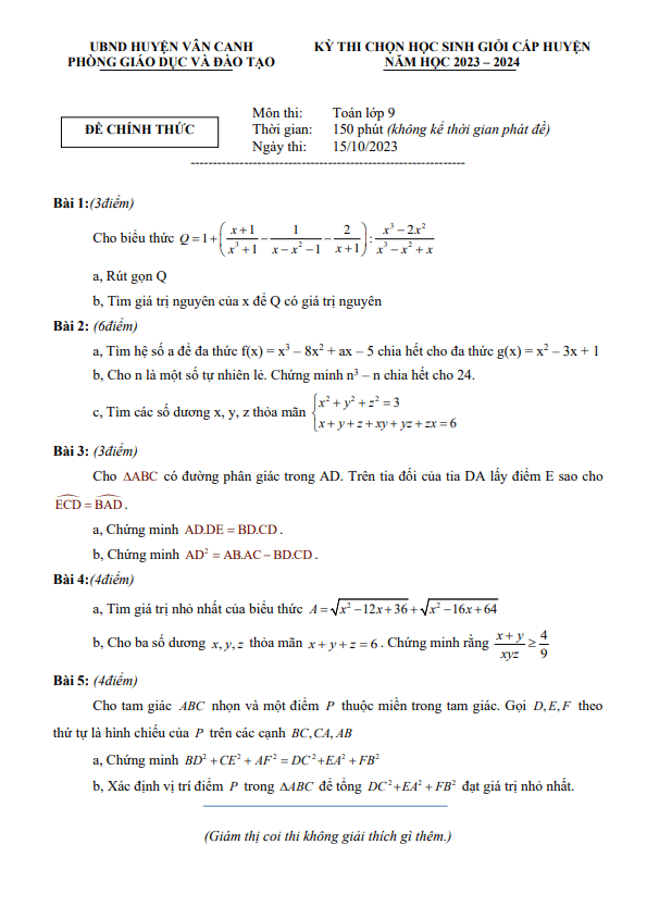 Đề chọn học sinh giỏi lớp 9 môn Toán năm 2023 2024 phòng GD ĐT Vân Canh Bình Định
