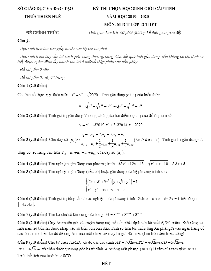 Đề chọn học sinh giỏi MTCT 12 năm 2019 2020 sở GD ĐT Thừa Thiên Huế