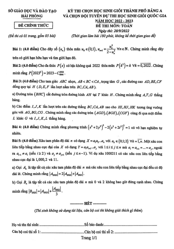 Đề chọn học sinh giỏi thành phố môn Toán năm 2022 2023 sở GD ĐT Hải Phòng