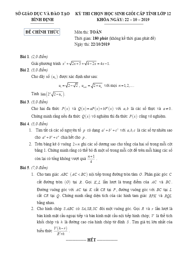 Đề chọn học sinh giỏi tỉnh lớp 12 môn Toán năm 2019 2020 sở GD ĐT Bình Định