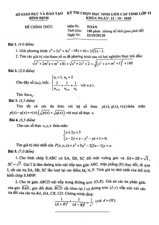 Đề chọn học sinh giỏi tỉnh lớp 12 môn Toán năm 2020 2021 sở GD ĐT Bình Định