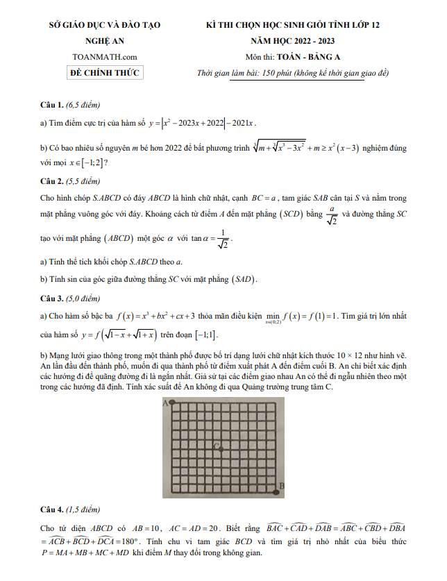 Đề chọn học sinh giỏi tỉnh lớp 12 môn Toán năm 2022 2023 sở GD ĐT Nghệ An