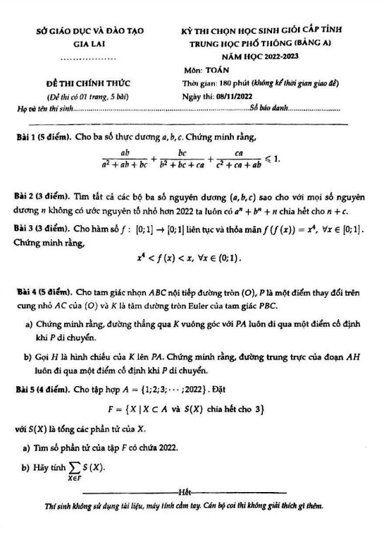Đề chọn học sinh giỏi Toán THPT cấp tỉnh năm 2022 2023 sở GD ĐT Gia Lai