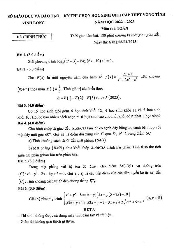 Đề chọn học sinh giỏi Toán THPT vòng tỉnh năm 2022 2023 sở GD ĐT Vĩnh Long