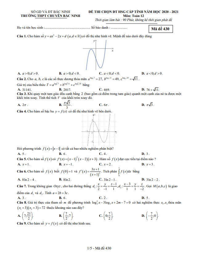 Đề chọn HSG cấp tỉnh lớp 12 môn Toán năm 2020 2021 trường chuyên Bắc Ninh