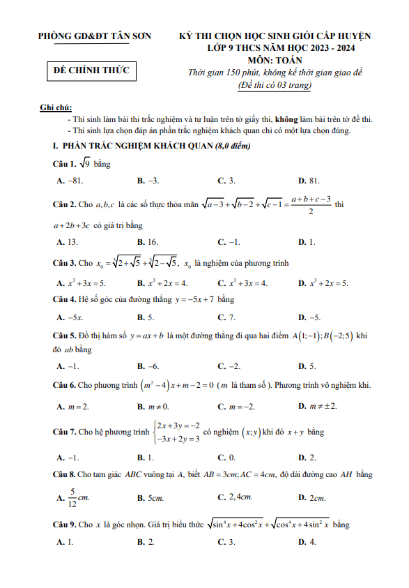 Đề chọn HSG huyện lớp 9 môn Toán năm 2023 2024 phòng GD ĐT Tân Sơn Phú Thọ