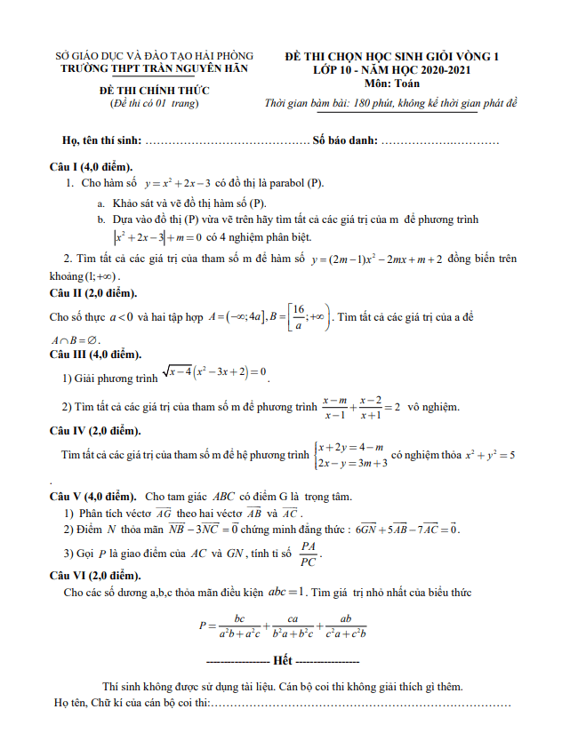 Đề chọn HSG lớp 10 môn Toán vòng 1 năm 2020 2021 trường THPT Trần Nguyên Hãn Hải Phòng