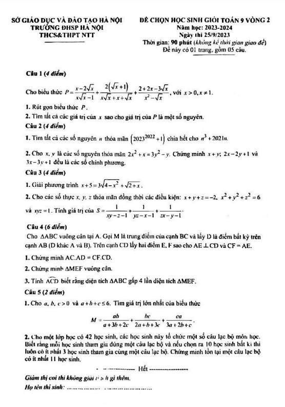 Đề chọn HSG lớp 9 môn Toán vòng 2 năm 2023 2024 trường Nguyễn Tất Thành Hà Nội