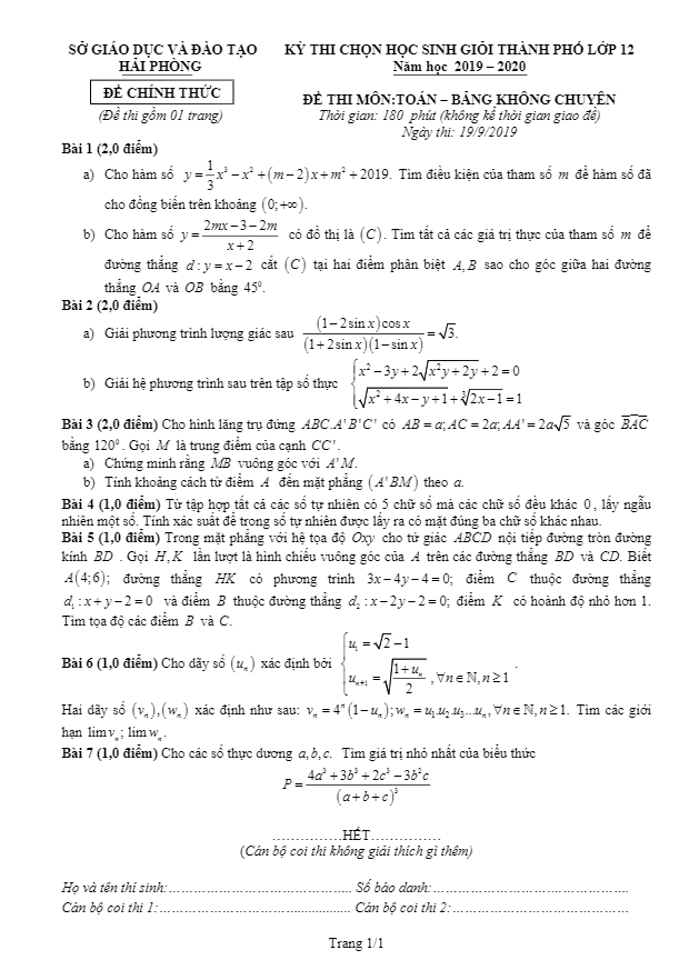 Đề chọn HSG thành phố lớp 12 môn Toán năm 2019 2020 sở GD ĐT Hải Phòng