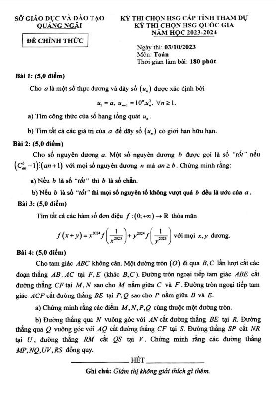 Đề chọn HSG tỉnh thi HSG QG môn Toán năm 2023 2024 sở GD ĐT Quảng Ngãi