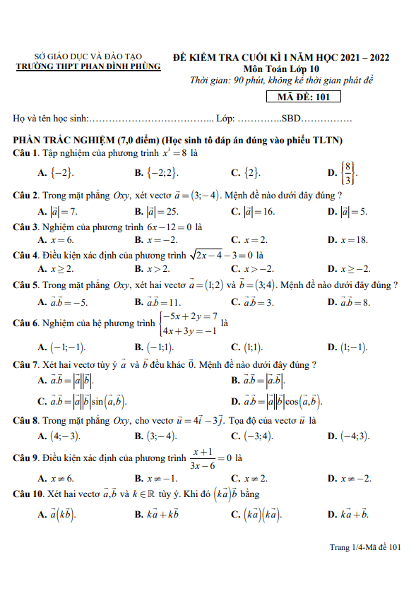 Đề cuối học kì 1 (HK1) lớp 10 môn Toán năm 2021 2022 trường THPT Phan Đình Phùng Quảng Bình