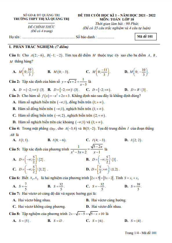 Đề cuối học kì 1 (HK1) lớp 10 môn Toán năm 2021 2022 trường THPT Thị xã Quảng Trị