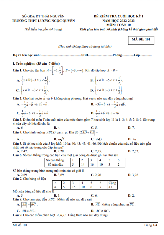 Đề cuối học kì 1 (HK1) lớp 10 môn Toán năm 2022 2023 THPT Lương Ngọc Quyến Thái Nguyên