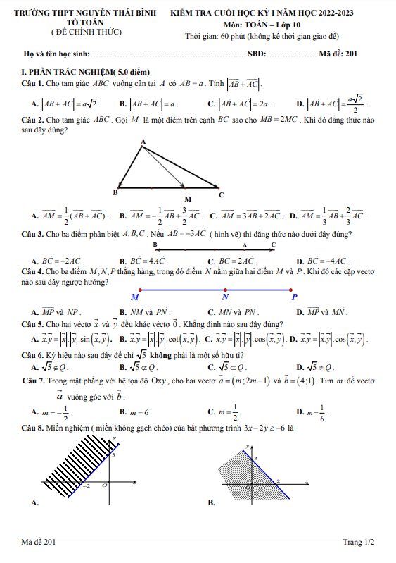 Đề cuối học kì 1 (HK1) lớp 10 môn Toán năm 2022 2023 trường Nguyễn Thái Bình Quảng Nam