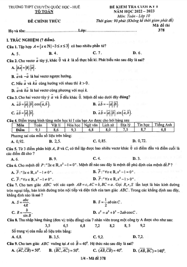 Đề cuối học kì 1 (HK1) lớp 10 môn Toán năm 2022 2023 trường THPT chuyên Quốc học Huế