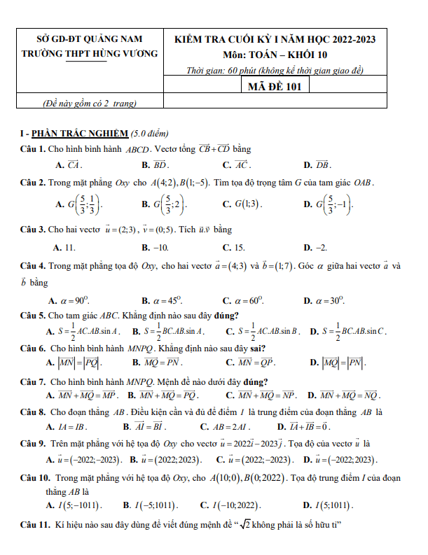 Đề cuối học kì 1 (HK1) lớp 10 môn Toán năm 2022 2023 trường THPT Hùng Vương Quảng Nam