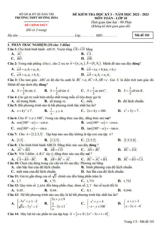 Đề cuối học kì 1 (HK1) lớp 10 môn Toán năm 2022 2023 trường THPT Hướng Hóa Quảng Trị