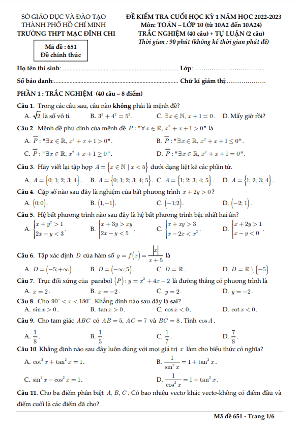 Đề cuối học kì 1 (HK1) lớp 10 môn Toán năm 2022 2023 trường THPT Mạc Đĩnh Chi TP HCM