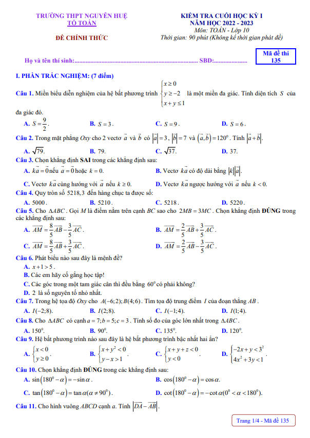 Đề cuối học kì 1 (HK1) lớp 10 môn Toán năm 2022 2023 trường THPT Nguyễn Huệ TT Huế