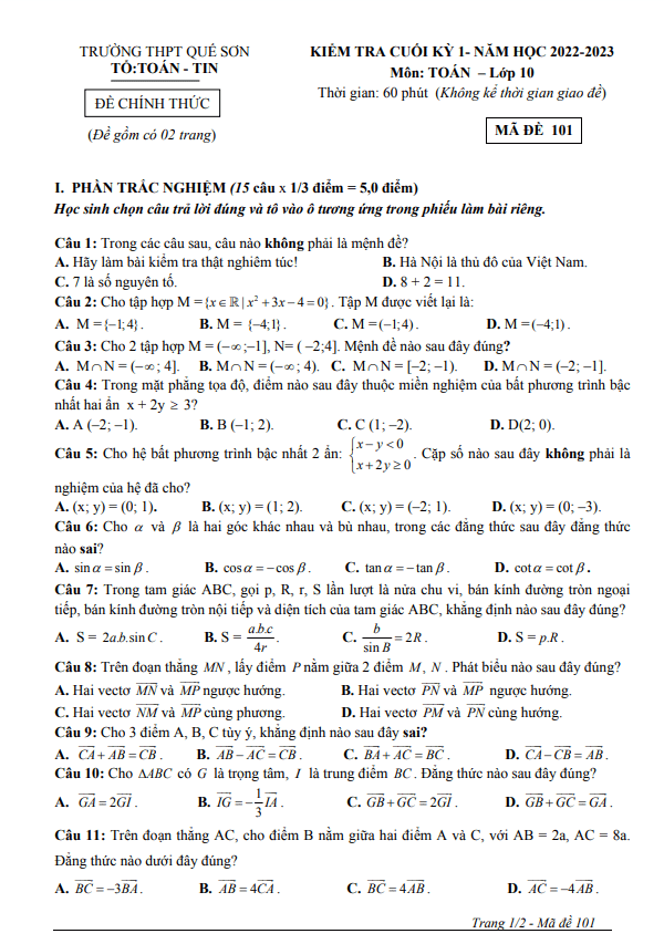 Đề cuối học kì 1 (HK1) lớp 10 môn Toán năm 2022 2023 trường THPT Quế Sơn Quảng Nam