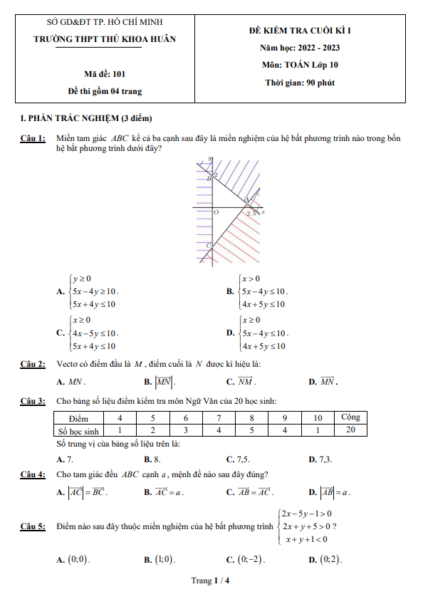 Đề cuối học kì 1 (HK1) lớp 10 môn Toán năm 2022 2023 trường THPT Thủ Khoa Huân TP HCM