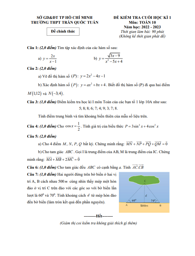 Đề cuối học kì 1 (HK1) lớp 10 môn Toán năm 2022 2023 trường THPT Trần Quốc Tuấn TP HCM