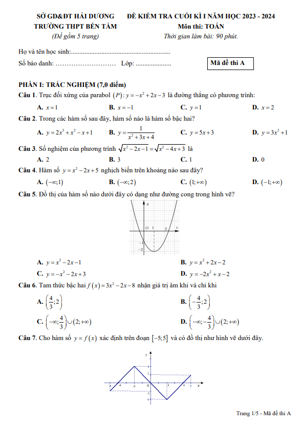 Đề cuối học kì 1 (HK1) lớp 10 môn Toán năm 2023 2024 trường THPT Bến Tắm Hải Dương