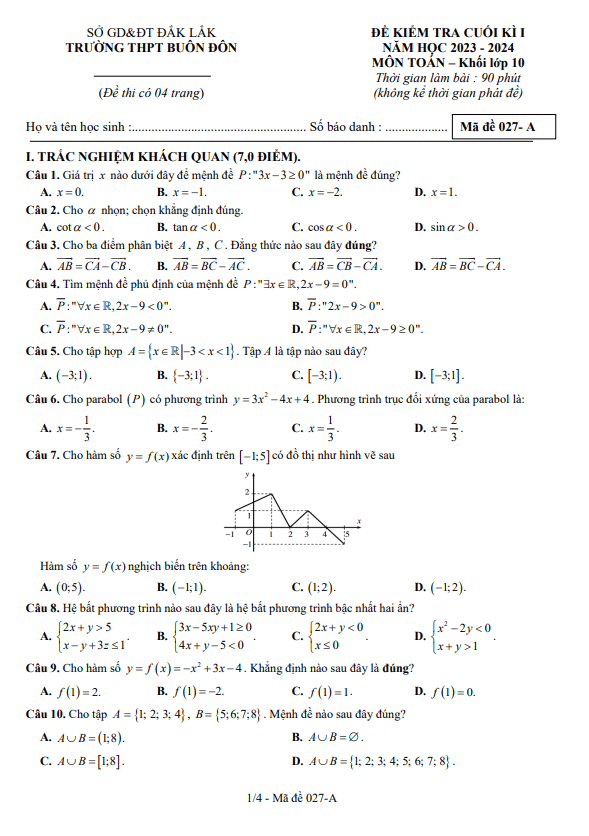 Đề cuối học kì 1 (HK1) lớp 10 môn Toán năm 2023 2024 trường THPT Buôn Đôn Đắk Lắk