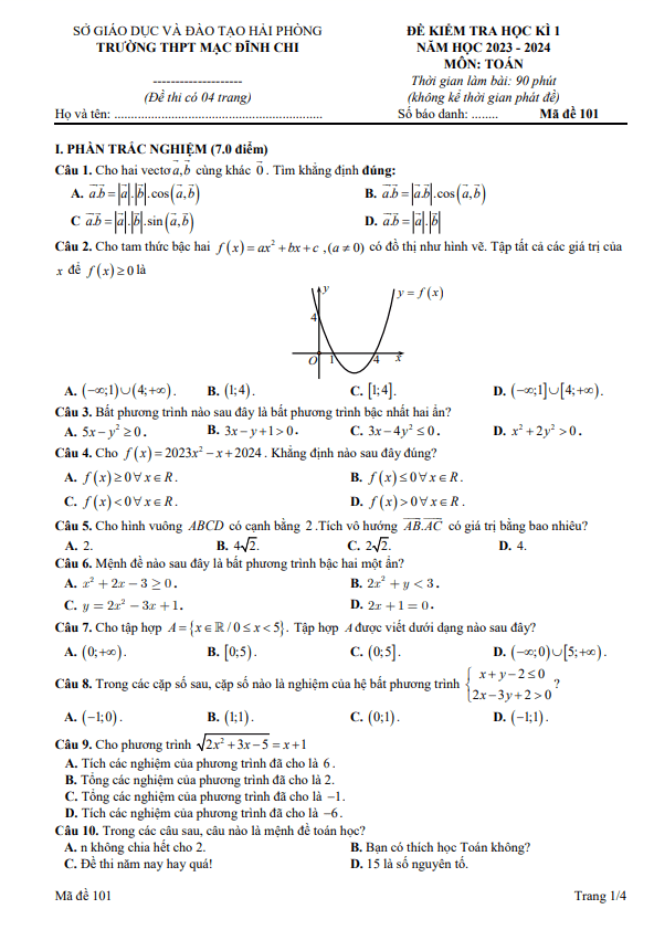 Đề cuối học kì 1 (HK1) lớp 10 môn Toán năm 2023 2024 trường THPT Mạc Đĩnh Chi Hải Phòng