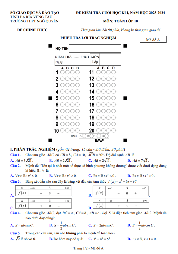 Đề cuối học kì 1 (HK1) lớp 10 môn Toán năm 2023 2024 trường THPT Ngô Quyền BR VT