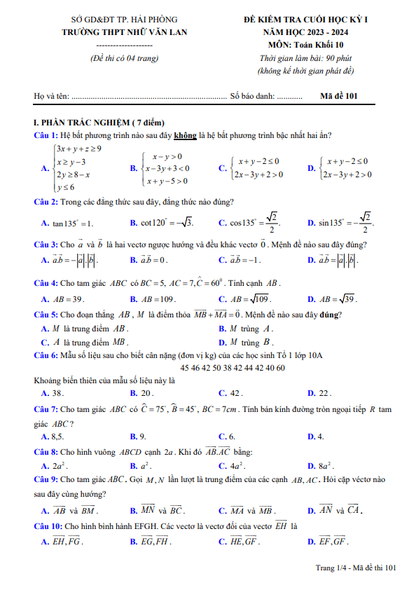 Đề cuối học kì 1 (HK1) lớp 10 môn Toán năm 2023 2024 trường THPT Nhữ Văn Lan Hải Phòng