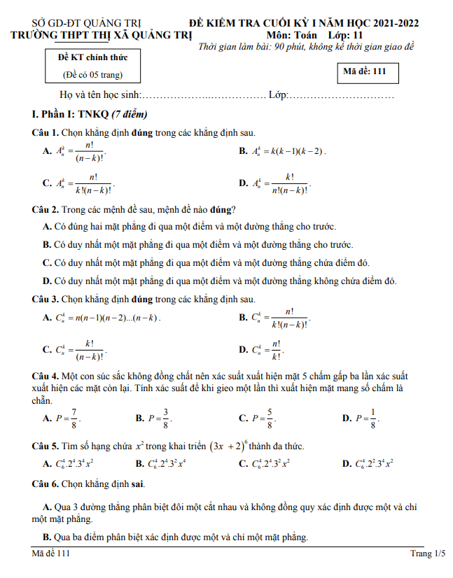 Đề cuối học kì 1 (HK1) lớp 11 môn Toán năm 2021 2022 trường THPT Thị xã Quảng Trị