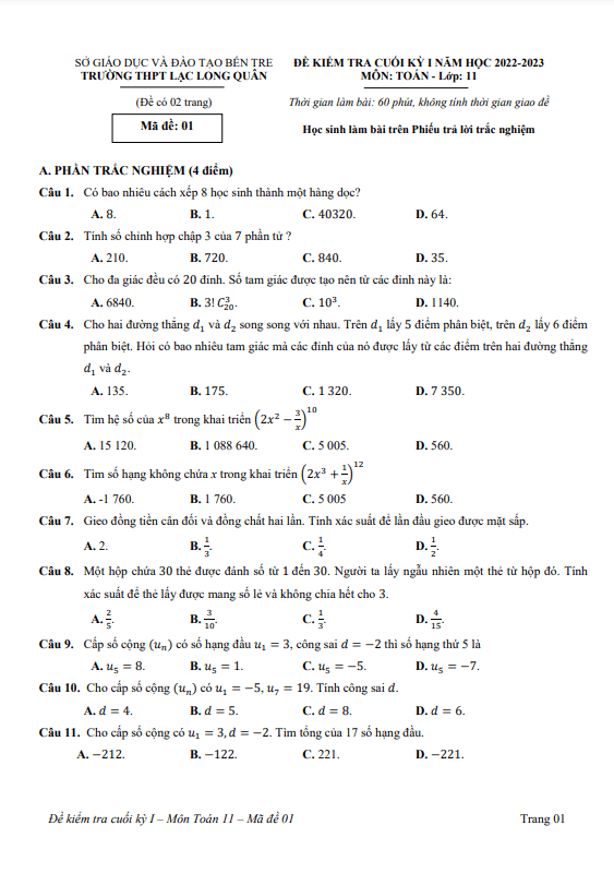 Đề cuối học kì 1 (HK1) lớp 11 môn Toán năm 2022 2023 trường Lạc Long Quân Bến Tre